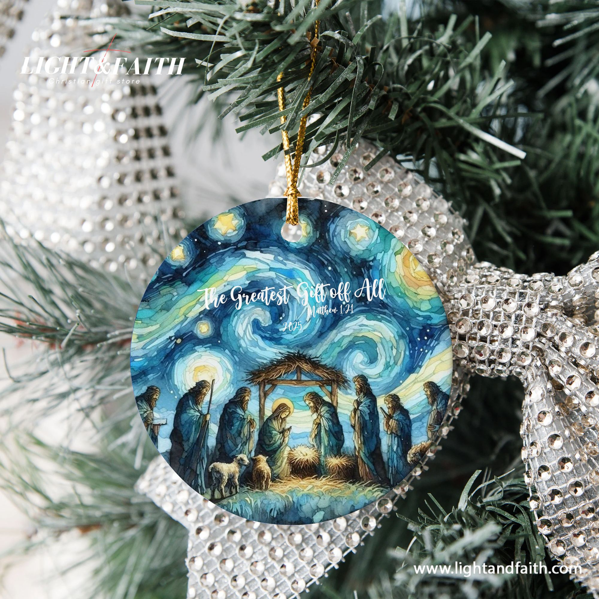 Starry Night Nativity Scene Christmas Ornament, The Greatest Gift of All Matthew 1:21, Holy Family Ornament, Christian Holiday Decoration DCLAF40